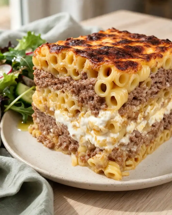 Une part de pastitsio grec avec ses couches distinctes de pâtes, viande et béchamel dorée.