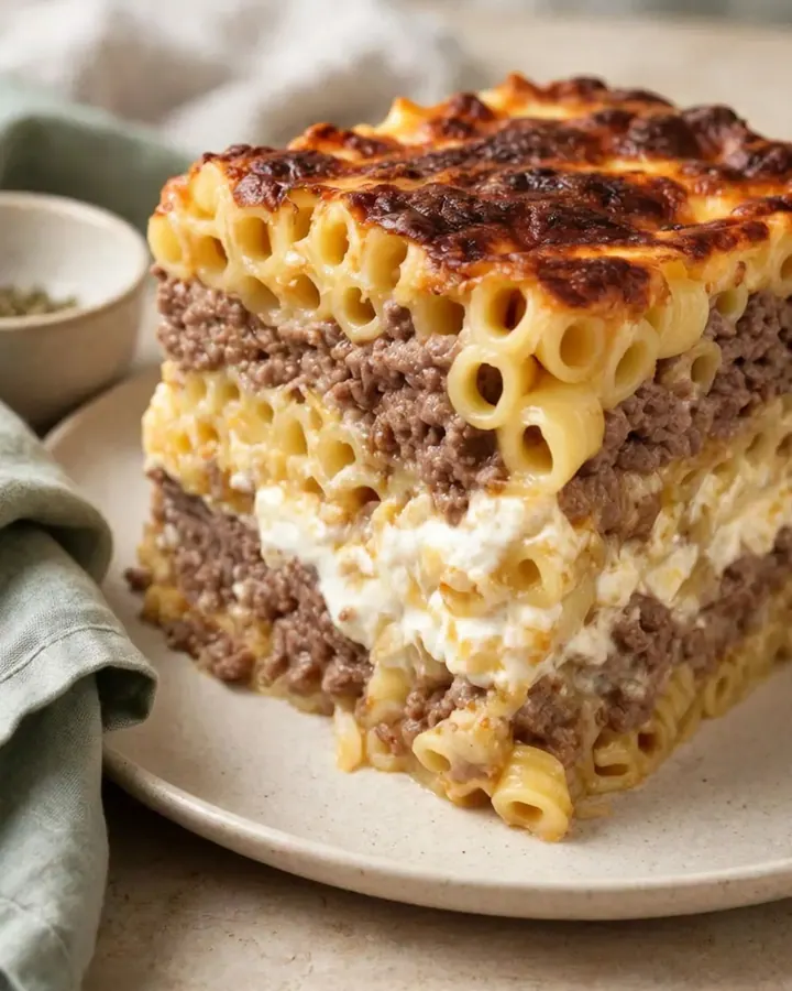 Une part de pastitsio grec bien haute avec ses couches distinctes de pâtes, viande et béchamel dorée.