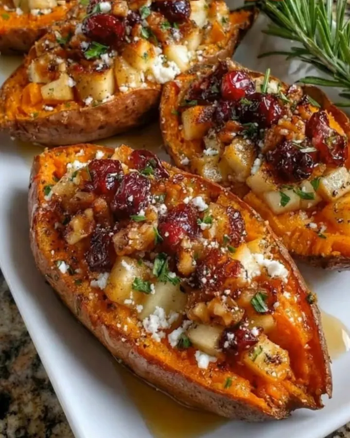 Quatre moitiés de patates douces rôties, farcies aux pommes, canneberges et feta, sur un plat blanc.