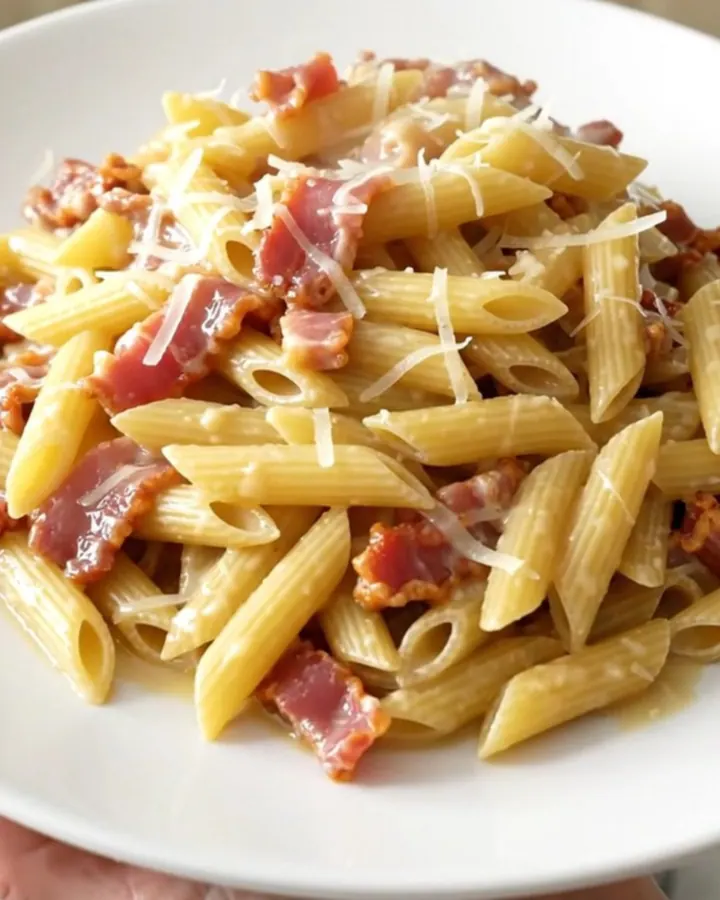 Assiette de penne crémeuses aux lardons et parmesan avec une sauce brillante.