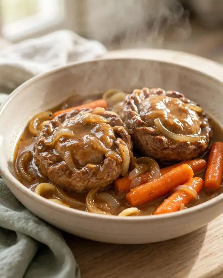 Paupiettes de veau dorées mijotées avec des rondelles de carottes fondantes dans une sauce onctueuse.