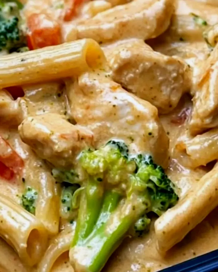 Assiette de pennes crémeuses au poulet, brocoli et poivron rouge sous une lumière chaude.