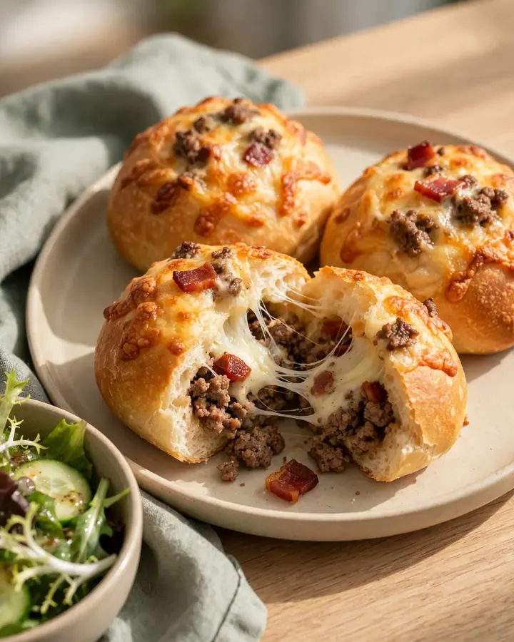 Petits pains dorés au four, révélant une garniture fondante de fromage et de bœuf.