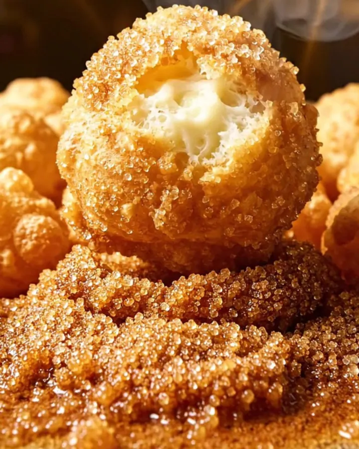 A close-up view of golden-brown Nigerian puff-puff dusted in spiced sugar, showcasing a light and airy texture.