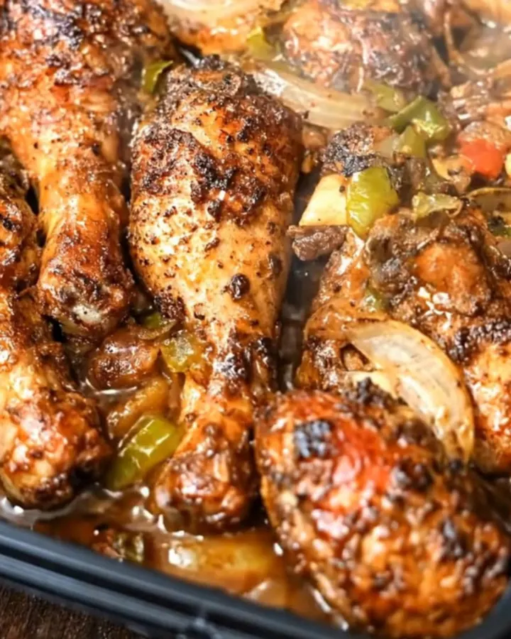 Pilons de poulet rôtis dorés et caramélisés dans un plat avec poivrons doux et oignons.