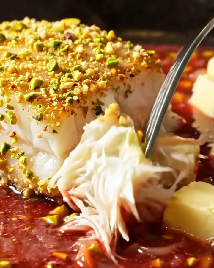 A close-up of a pistachio-crusted halibut fillet served with a rich, velvety blood orange butter sauce.