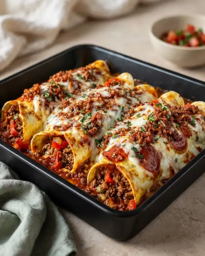Vue rapprochée appétissante de pizza enchiladas avec du fromage mozzarella fondant étiré sur de la viande de bœuf.
