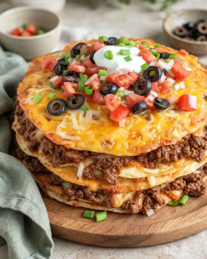 Pizza mexicaine croustillante servie sur un plateau en bois avec crème et olives.