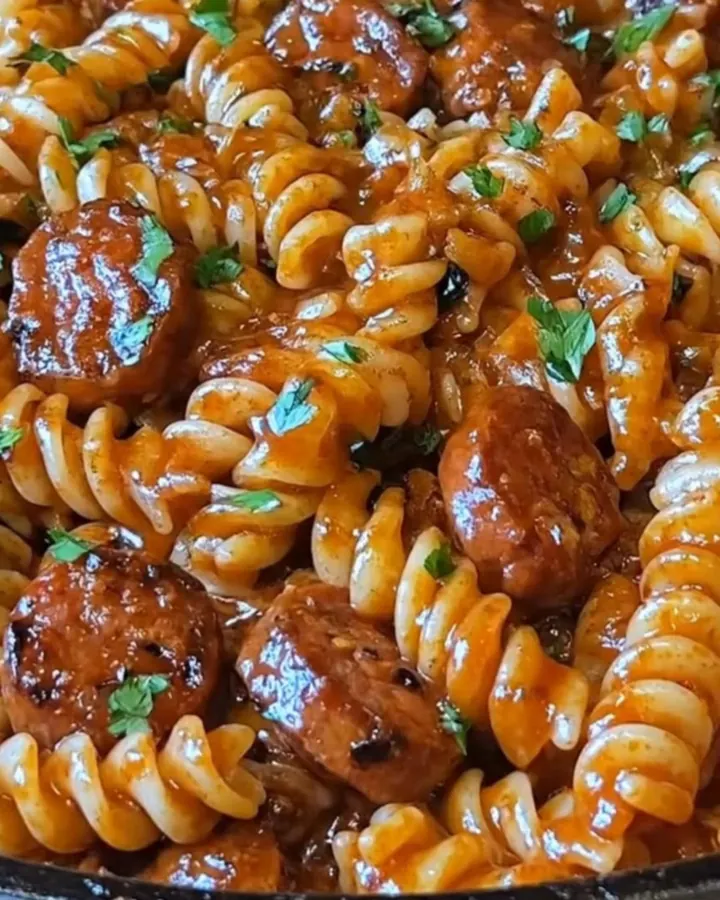Poêlée de pâtes crémeuses à la saucisse cajun dans une poêle en fonte