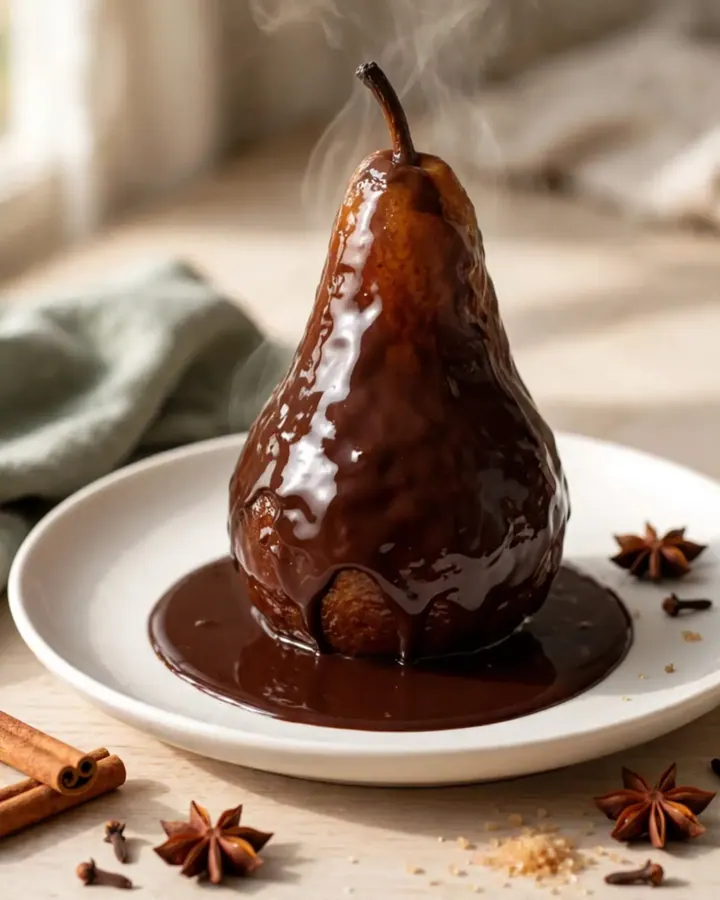 Poires entières pochées au chocolat noir brillant sur une assiette blanche.