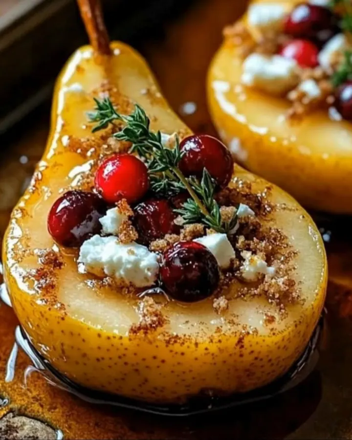 Poires rôties au miel, canneberges et feta sur une plaque de cuisson avec un éclairage festif.