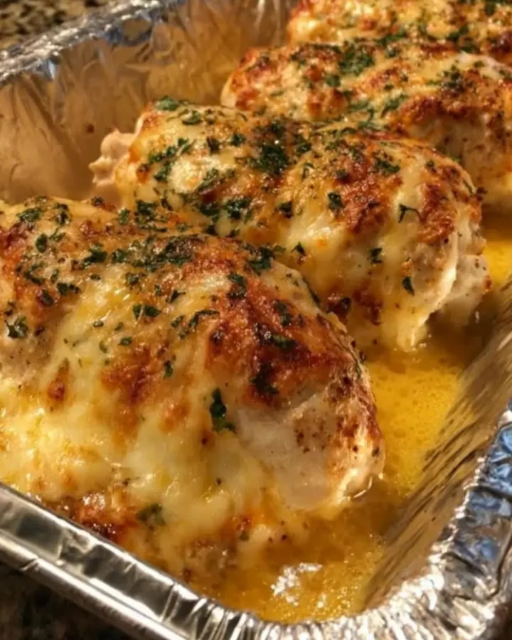 Quatre poitrines de poulet dorées farcies au fromage et épinards dans un plat.