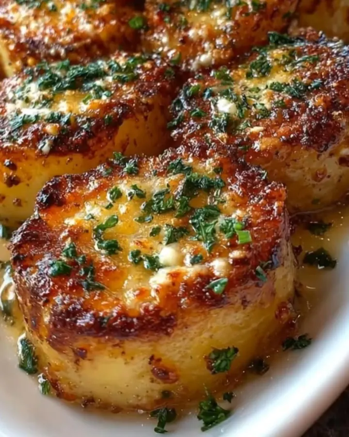 Pommes de terre dorées et croustillantes avec beurre d’ail et parmesan sur un plat blanc.