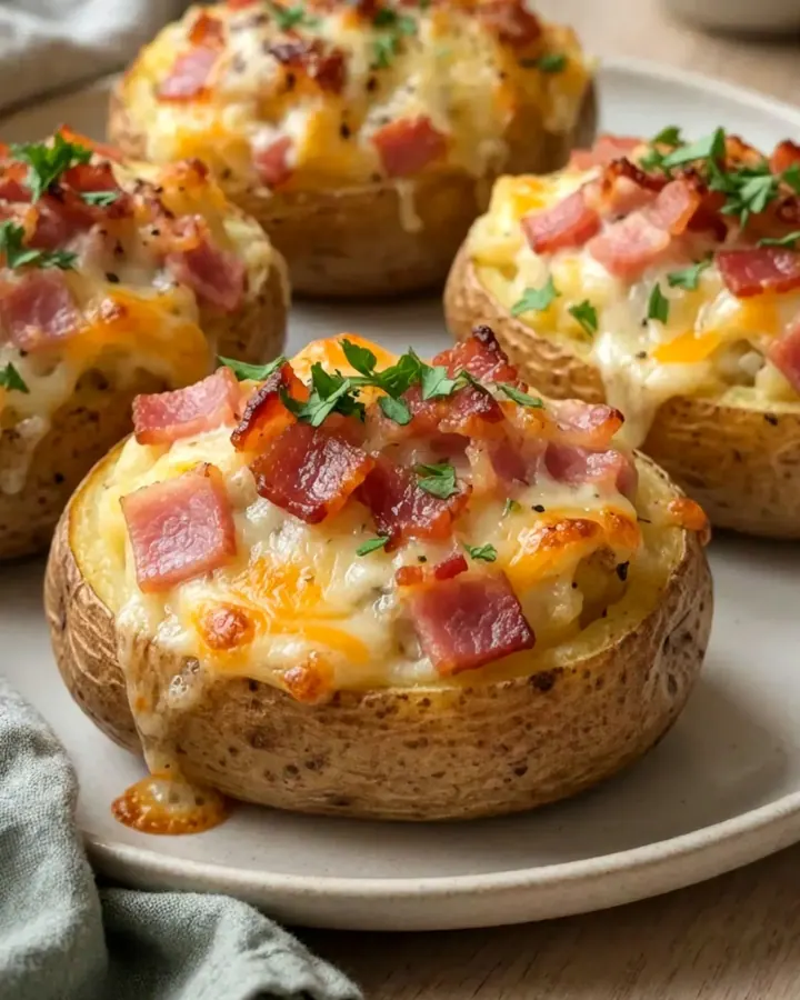 Pommes de terre rôties au cheddar fondu et bacon croustillant sur un plateau de service