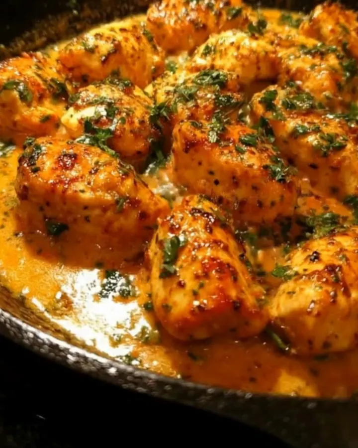 Poulet sauté au beurre d’ail et crème servi dans une poêle en fonte noire.