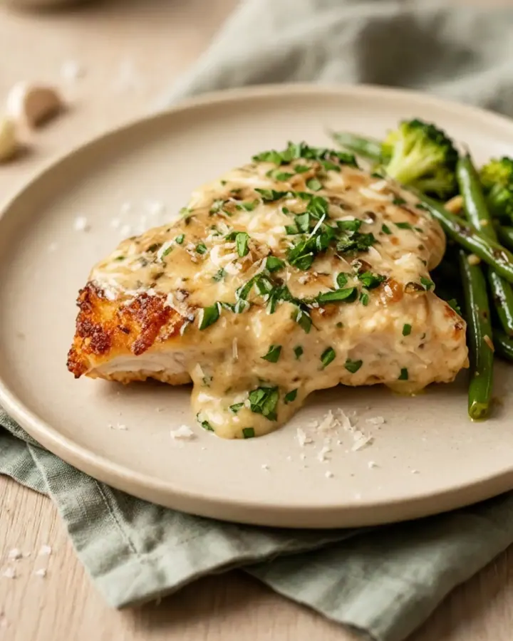 Poulet au parmesan nappé d’une sauce crémeuse à l’ail, décoré d’herbes fraîches sur une assiette blanche.