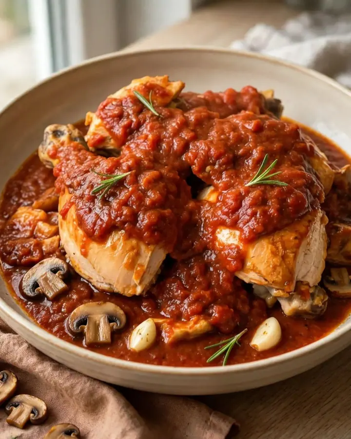 Vue de dessus d’un poulet cacciatore fumant servi dans une assiette blanche élégante.