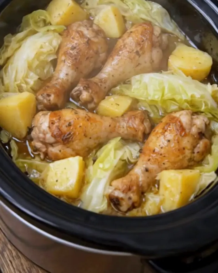 Cuisses de poulet fondantes, quartiers de chou et pommes de terre au beurre à l’ail dans une mijoteuse fumante