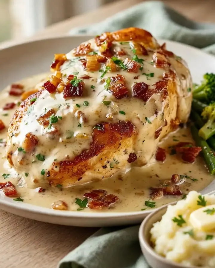 Vue rapprochée d’une poitrine de poulet dorée nappée d’une sauce crémeuse au bacon dans une assiette blanche