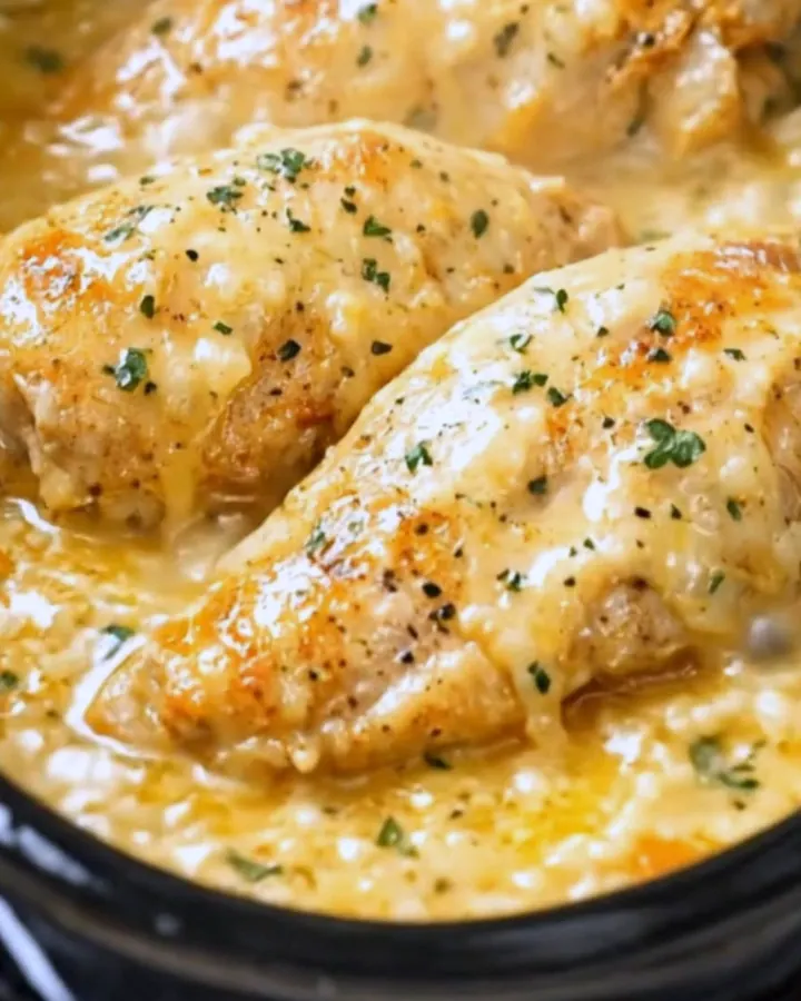 Filets de poulet dorés nappés d’une sauce crémeuse au parmesan, parsemés de persil frais dans une poêle.