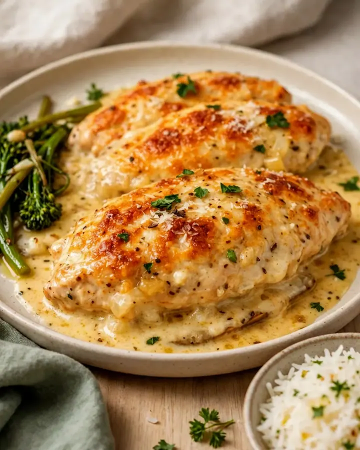 Filets de poulet dorés au four, nappés d’une sauce crémeuse au parmesan et à l’ail, dans un plat blanc.