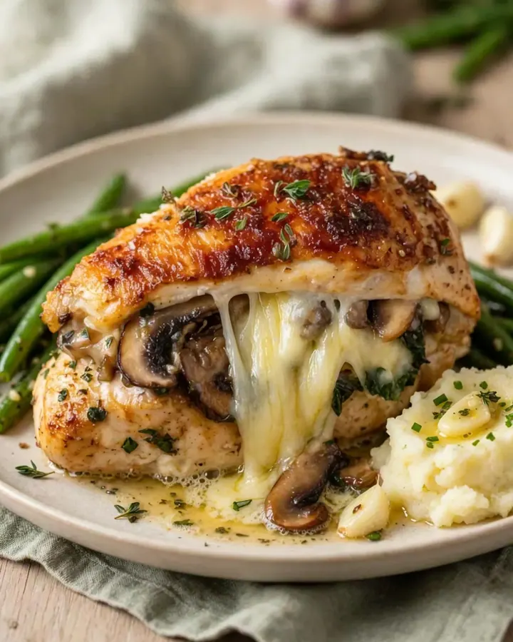 Poitrines de poulet dorées et farcies aux champignons et fromage fondant dans une poêle en fonte.