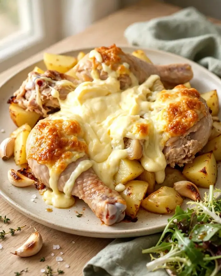 Poulet fondant nappé de cancoillotte servi sur une assiette blanche avec des pommes de terre.