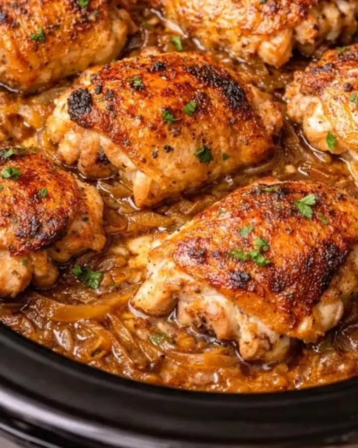 Poulet fondant avec une peau dorée et une sauce riche aux oignons dans une mijoteuse.