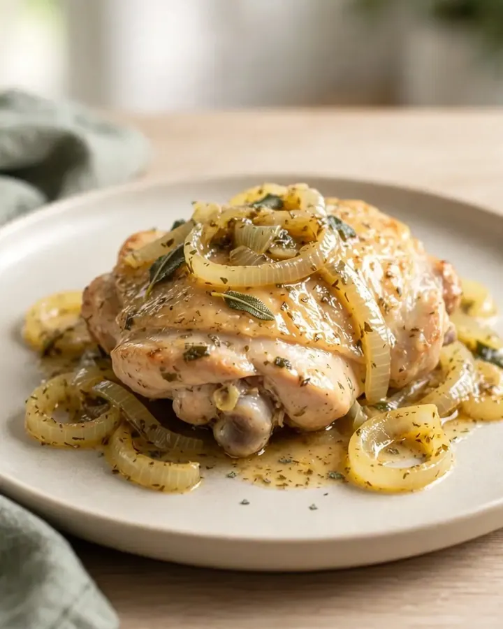 Cuisses de poulet tendres nappées d’une sauce onctueuse à la sauge dans une assiette blanche.