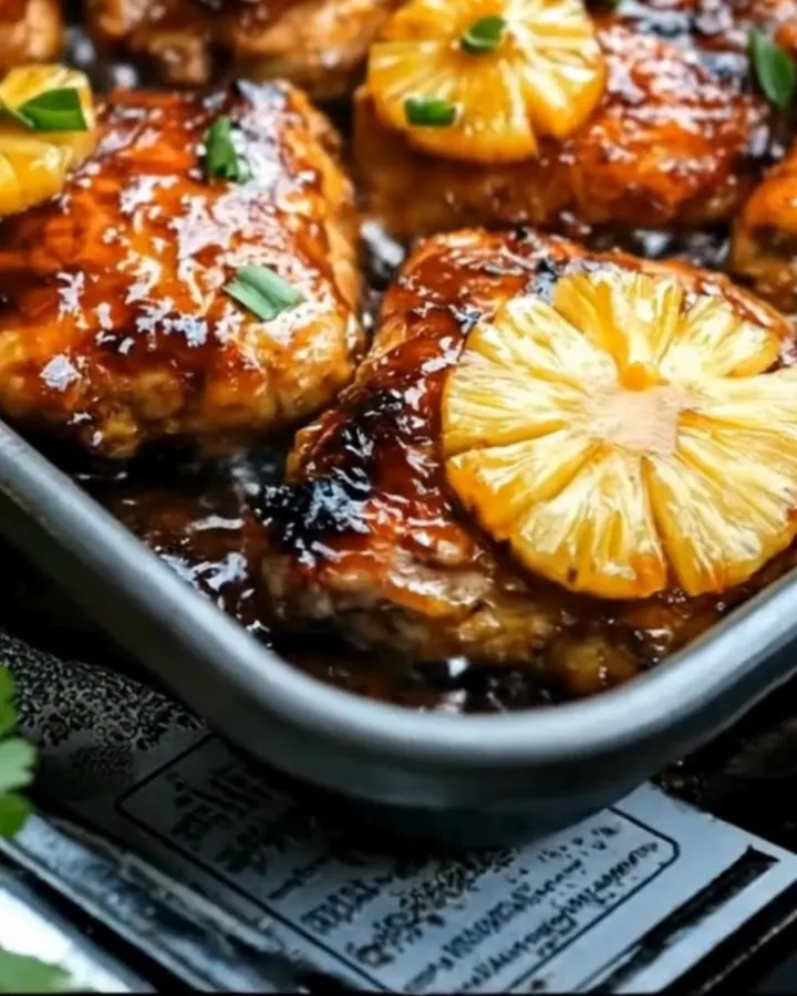Cuisses de poulet Huli Huli dorées et brillantes servies avec des rondelles d’ananas rôti dans un plat en céramique.