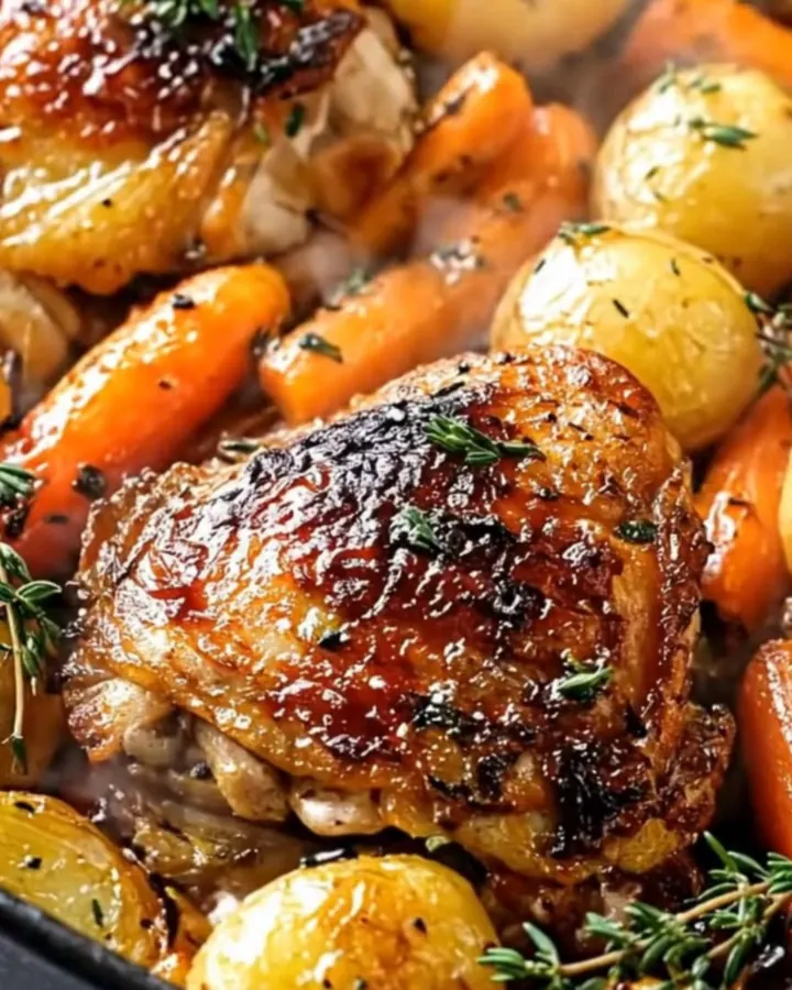 Cuisses de poulet rôties dorées avec pommes de terre et carottes sur une plaque de cuisson