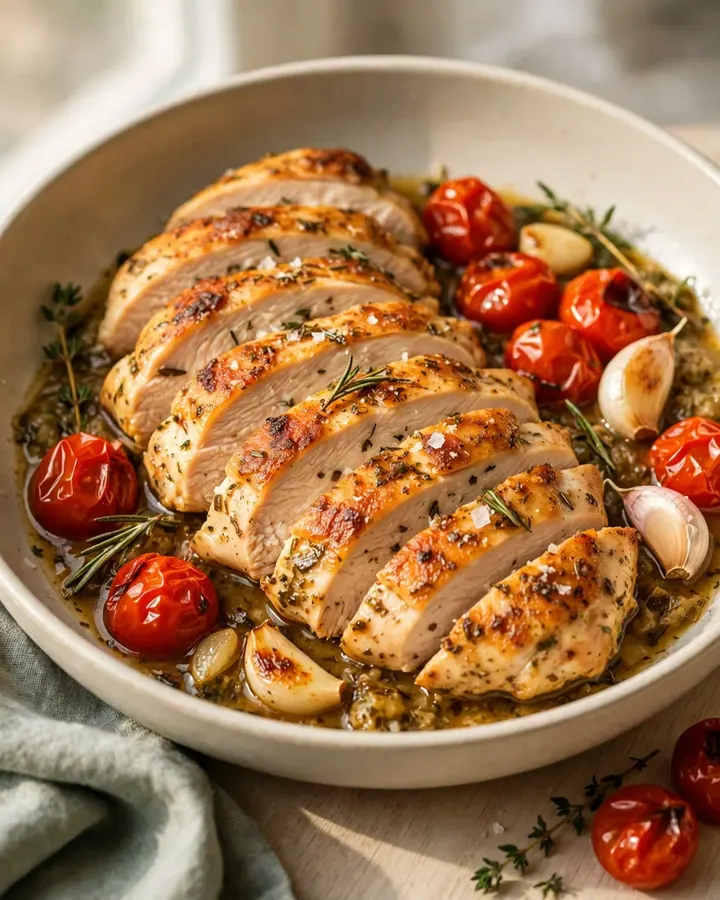 Vue rapprochée de poitrines de poulet dorées à la poêle avec des tomates cerises et une sauce aux herbes.