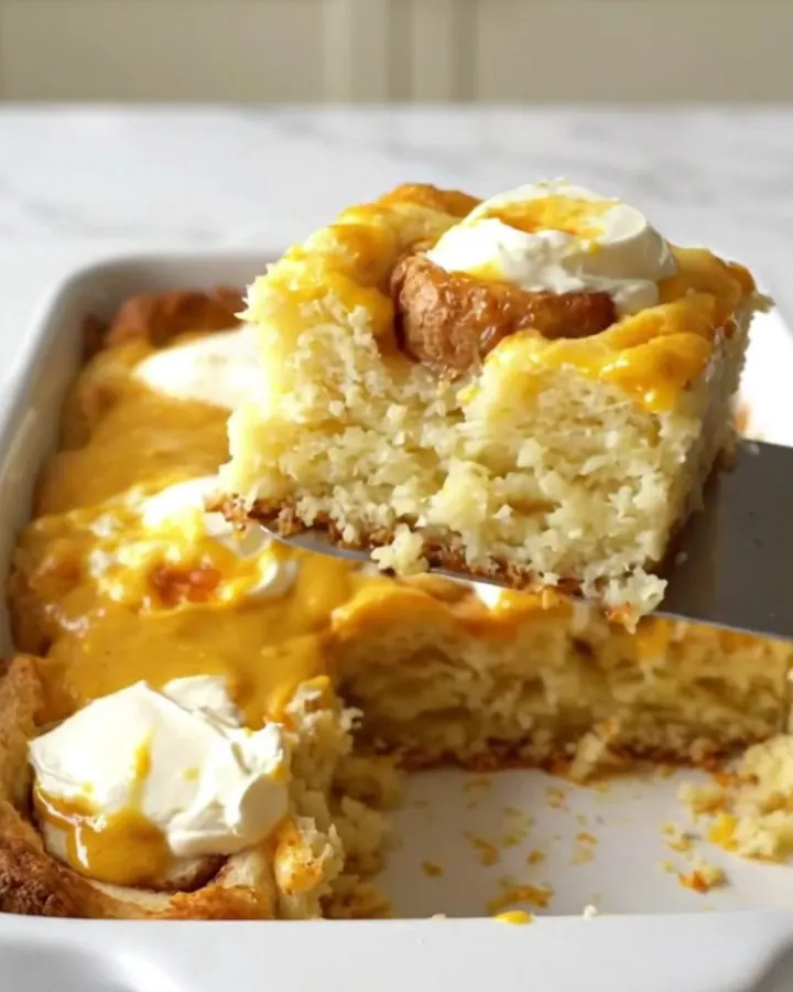 A rectangular ceramic dish filled with a golden-brown pumpkin cinnamon roll bake on a white countertop.