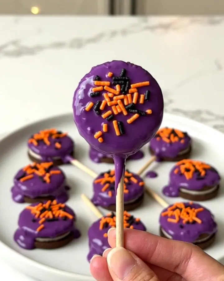 A close-up of purple potion cookie pops on a white plate with a blurred kitchen background.