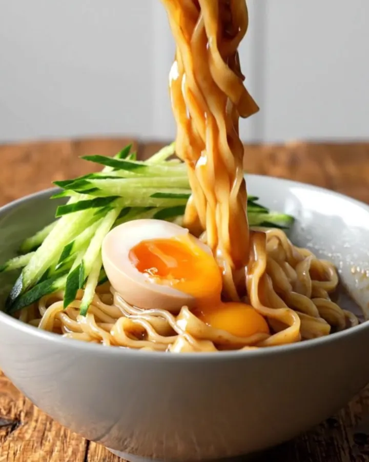 A bowl of wide, glossy noodles coated in a rich, spicy sesame sauce