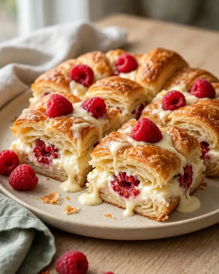 A golden, puffed raspberry cream cheese croissant bake in a white rectangular dish on a granite surface.