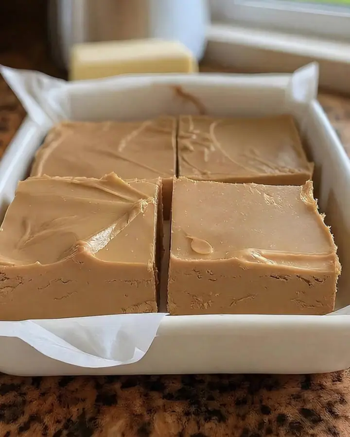 A close-up of a square of peanut butter fudge being lifted from a ceramic dish with a small metal spatula.