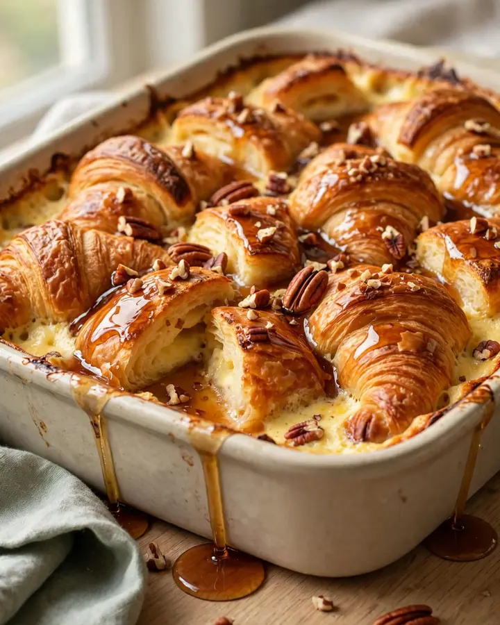 A warm, golden brown croissant French toast casserole in a ceramic dish, topped with caramelized pecans.
