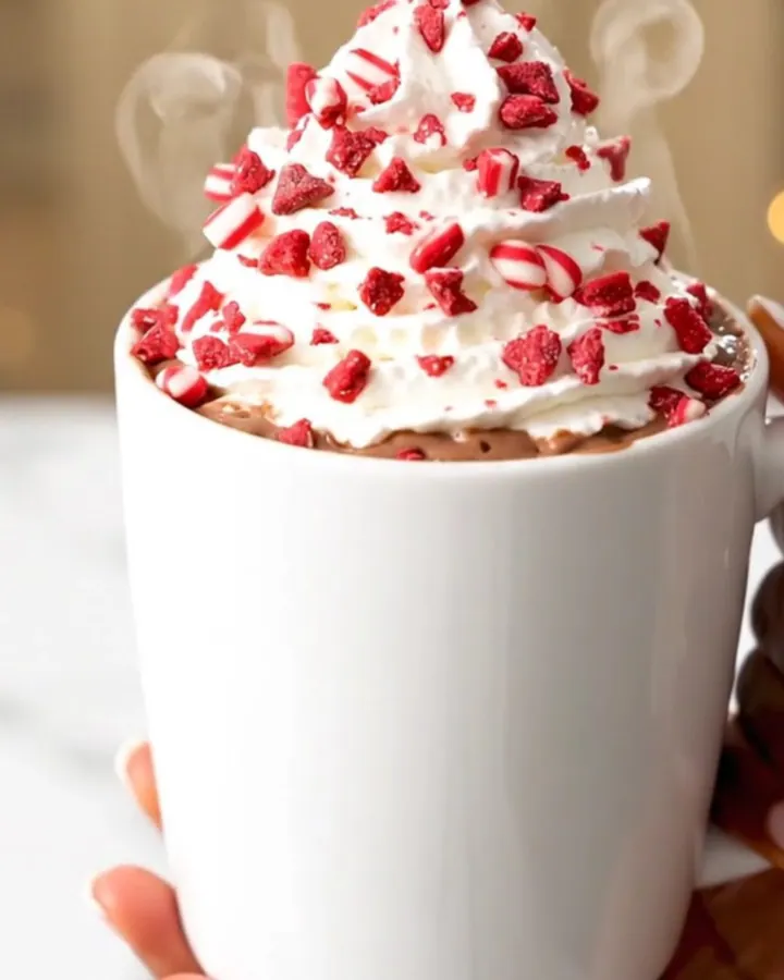 A steaming mug of dark chocolate peppermint cocoa topped with whipped cream and crushed candy canes.