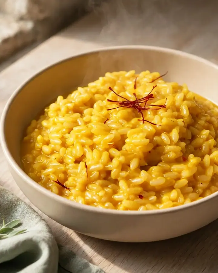 Risotto au safran doré servi dans une assiette blanche avec une texture crémeuse et brillante.