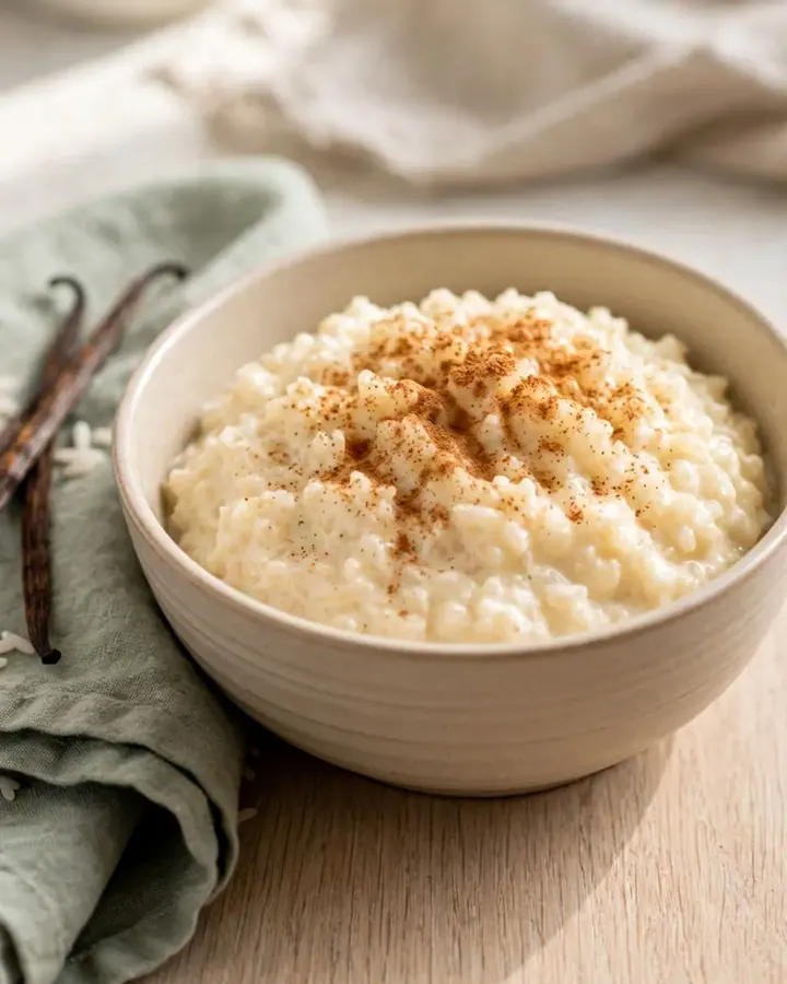 Gros plan sur une cuillère en argent plongeant dans un riz au lait crémeux saupoudré de cannelle.