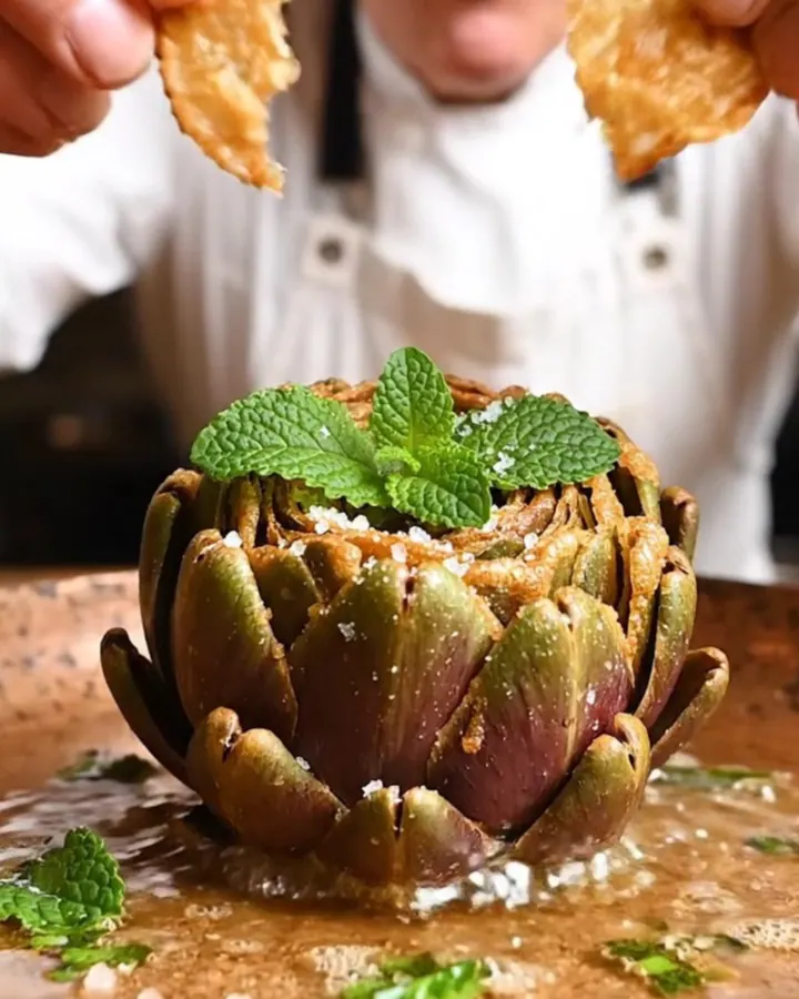 A golden, crispy Roman fried artichoke served on a rustic wooden table, with petals spread like a blooming flower.