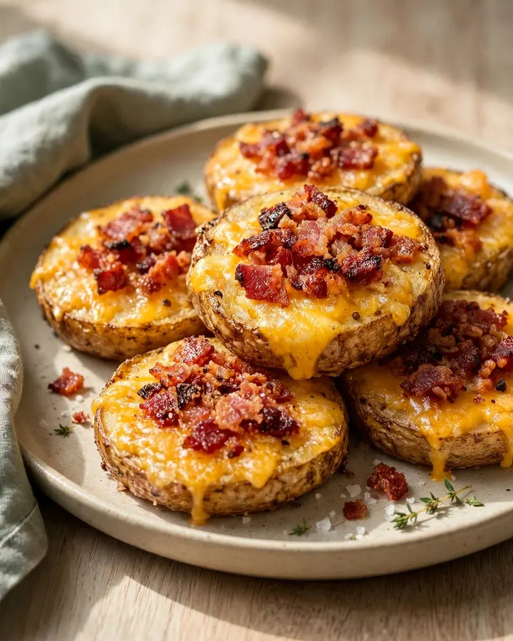 Rondelles de pommes de terre dorées garnies de cheddar fondu et de bacon croustillant.