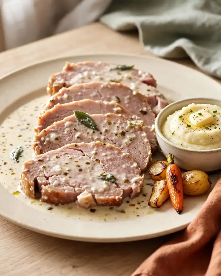 Rôti de veau fondant nappé d’une sauce onctueuse à la sauge dans une mijoteuse.