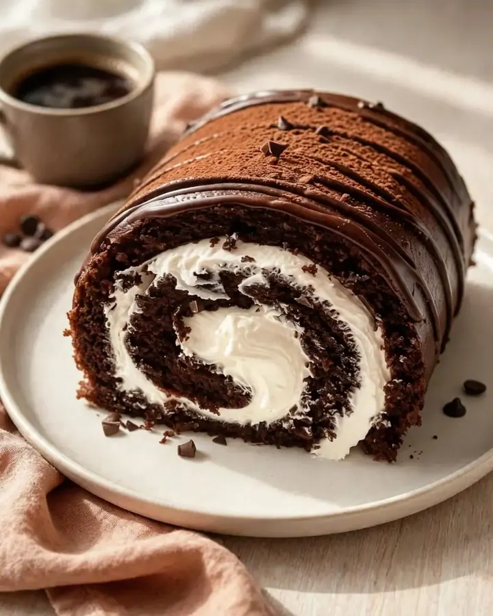 Tranche de roulé au chocolat montrant une spirale parfaite de crème fouettée sur une assiette blanche.