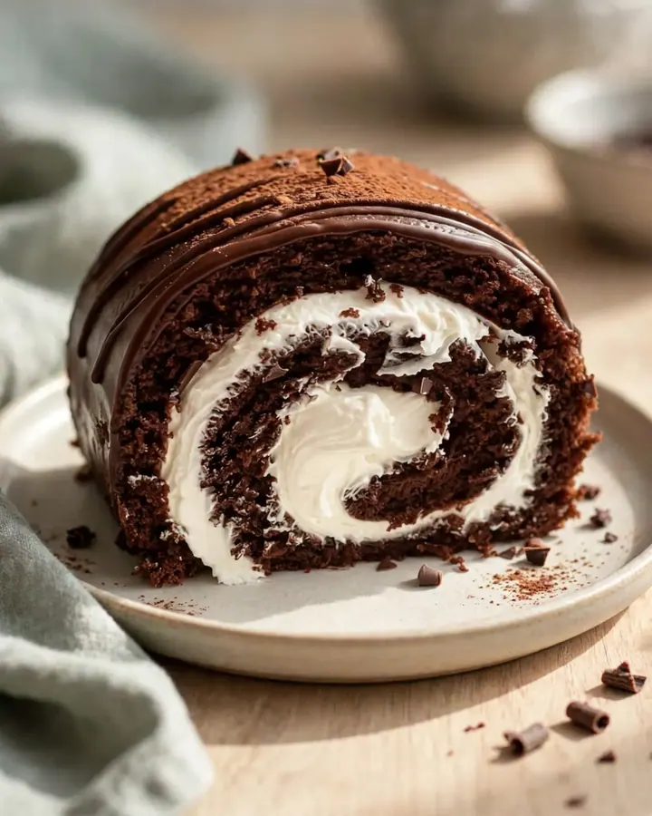 Roulé au chocolat saupoudré de cacao avec un filet de chocolat noir sur une assiette blanche.