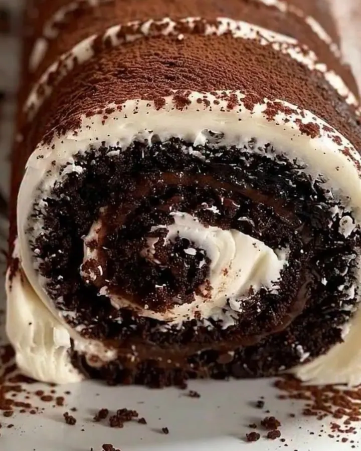 Roulé au chocolat au fudge et à la crème, saupoudré de cacao, sur un plat blanc