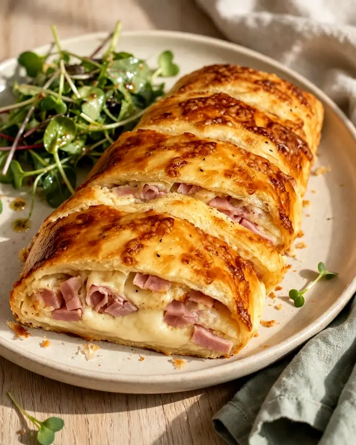 Roulé croustillant doré au four, tranché pour montrer le fromage fondu et le jambon.