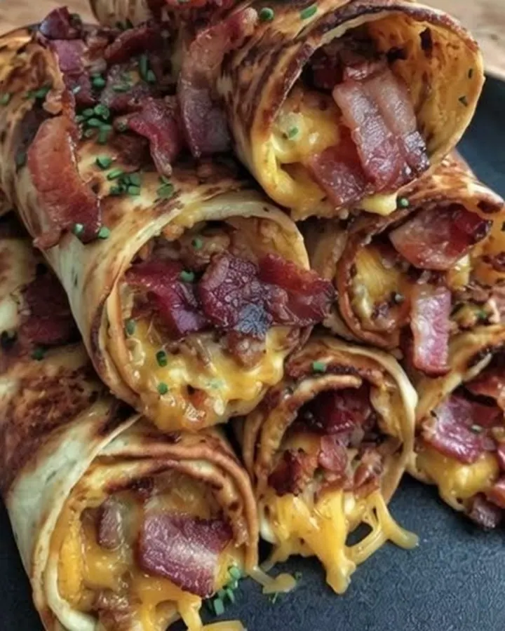 Pile de roulés dorés au beurre à l’ail garnis de cheddar filant et de bacon, garnis de ciboulette sur une assiette sombre