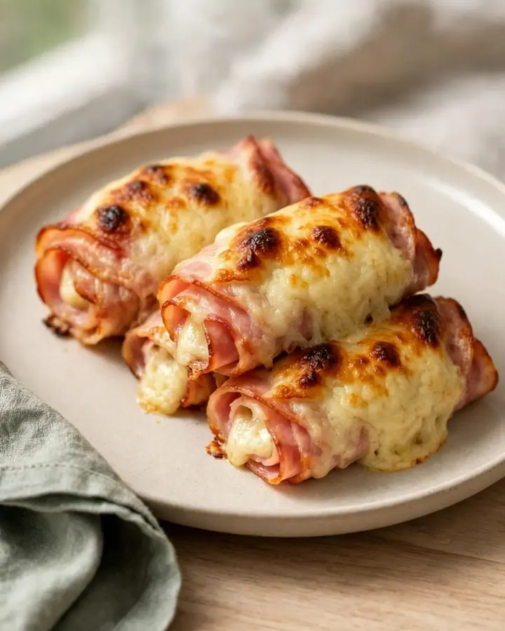 Roulés au jambon et fromage dorés et bouillonnants dans un plat blanc